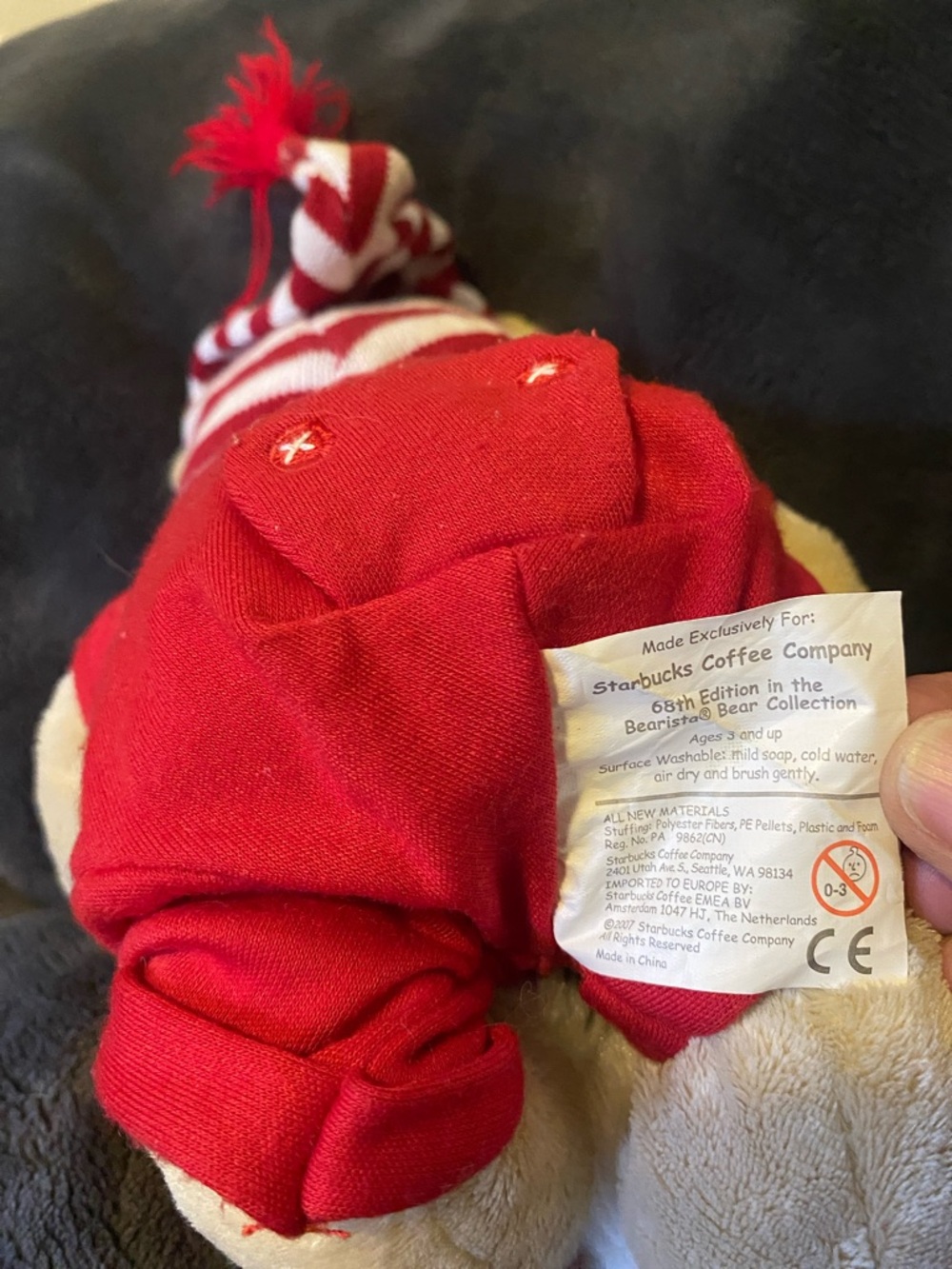 Starbucks 2007 Plush Bear in Red Holiday Outfit with Striped Hat - Picture 5 of 5